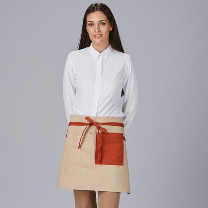 DELANTAL CORTO BOLSILLO Y CINTAS COMBINADAS 45X74 CM